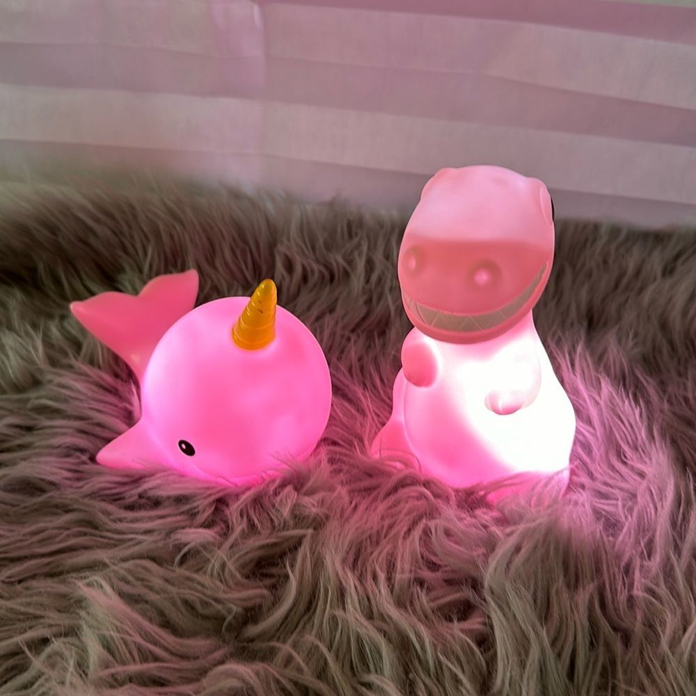 Narwhal & Dinosaur Pink Plastic Light-Up Figures Cute LED Night Light Decor